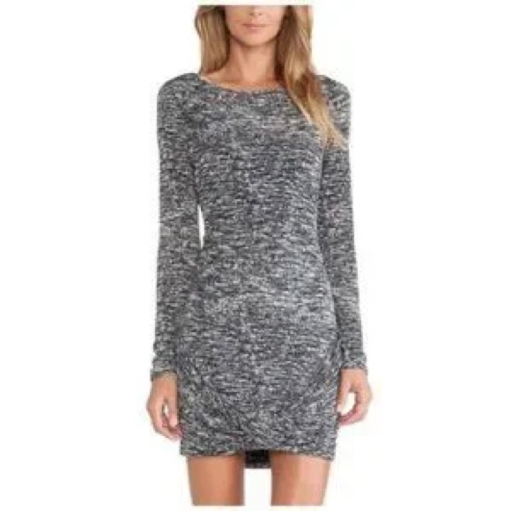 Halston Heritage Twist Drape Skirt Boatneck Dress Grey Woven Slub Print medium
